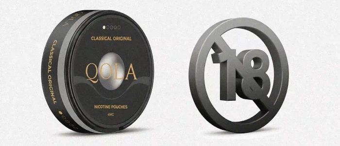 QOLA Nikotinbeutel neben einem Symbol für die Altersgrenze 18+